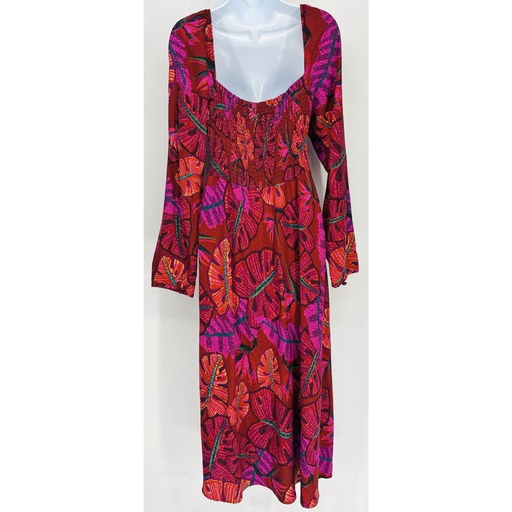 FARM Rio Floral Dress XL Red Pink Tropical Square Neck Long Sleeve Maxi - Picture 3 of 7